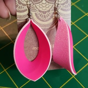 Neon Pink and pink glitter double sided loop earrings